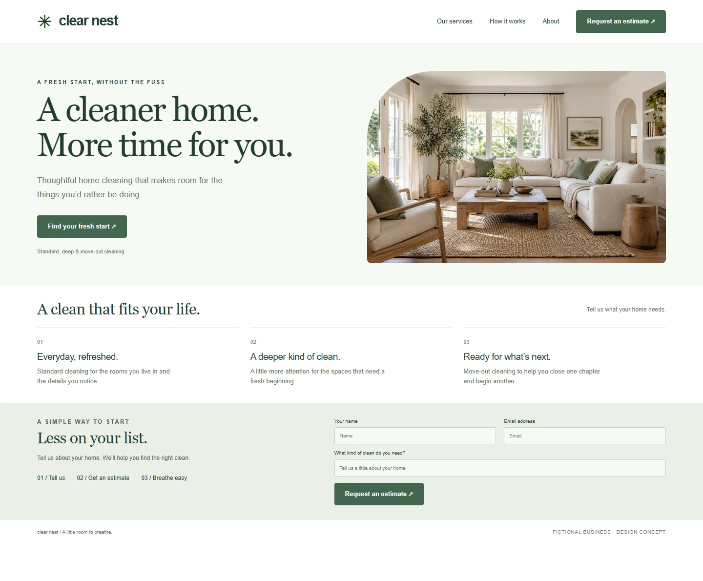 An original Clear Nest cleaning website concept with an airy design and bright home photography.
