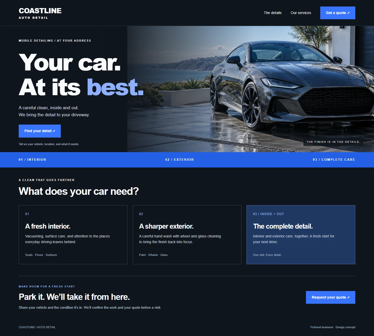 Coastline Auto Detail fictional website: dark charcoal and blue, a polished graphite coupe, three service options and a quote invitation.