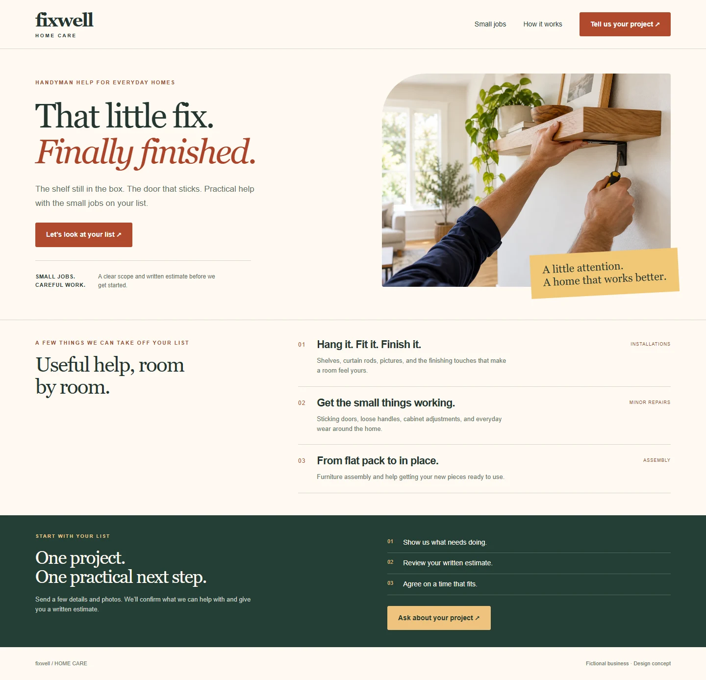 Fixwell Home Care fictional handyman website: rust and warm white, a shelf installation photo, small repair services and a written-estimate process.