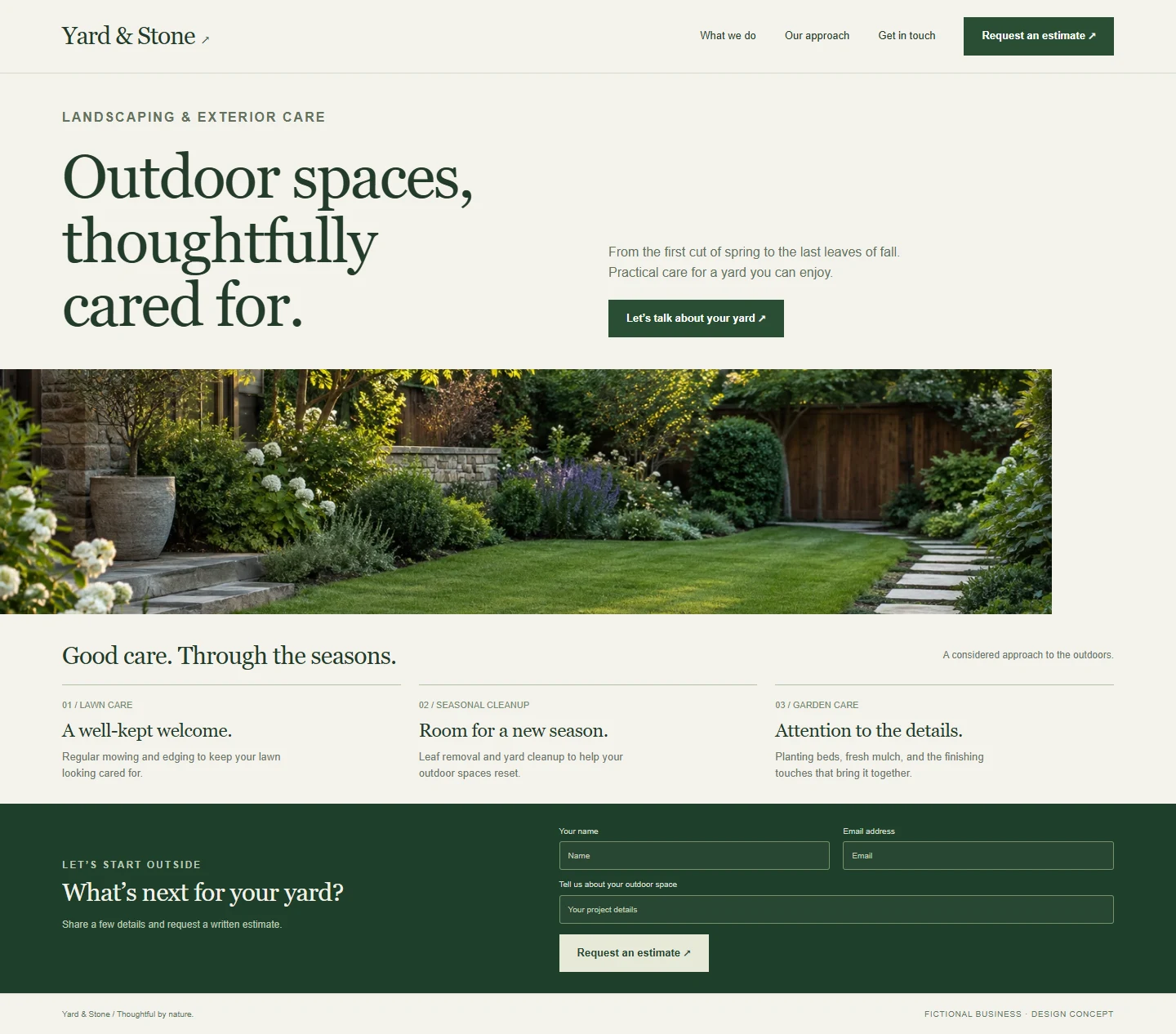 Yard and Stone fictional landscaping website: forest green typography, a landscaped garden, lawn services and an estimate section.
