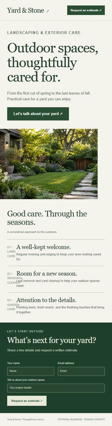 Mobile composition of the fictional Yard and Stone landscaping website.